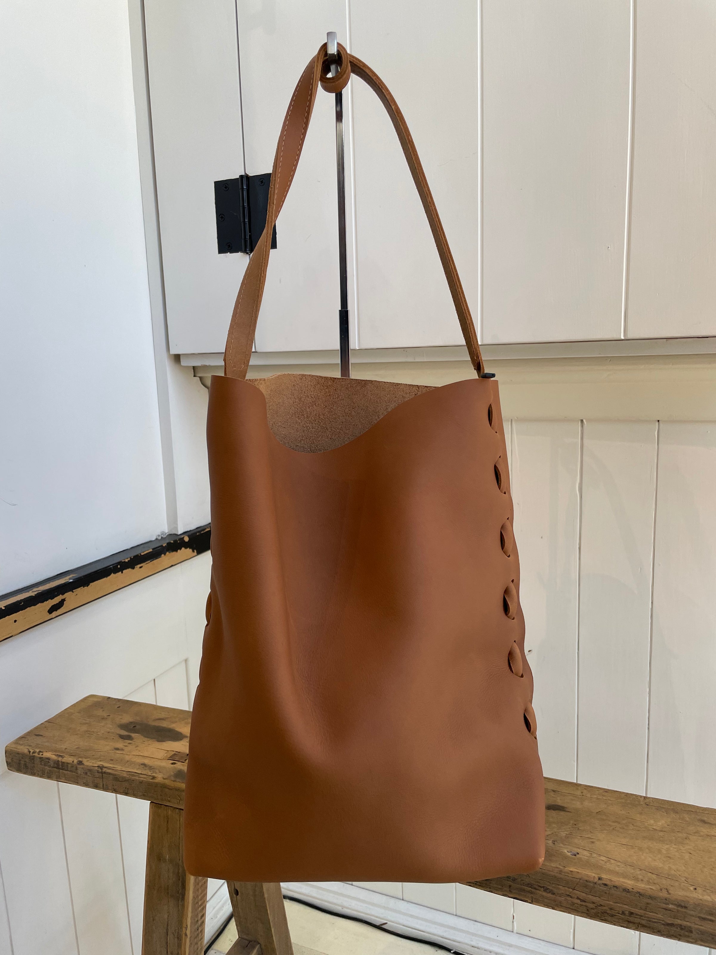 Market Canvas Leather Handbags - Laced Tote in Soft Brown
