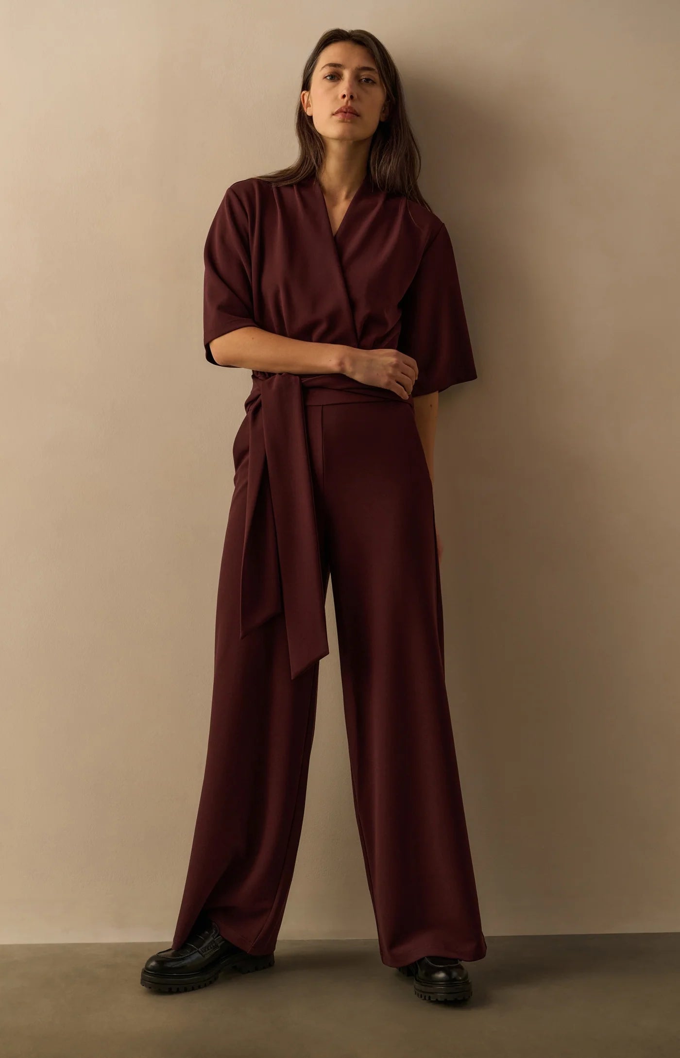 YAYA - Jersey Jumpsuit with Short Sleeves and Tie Belt