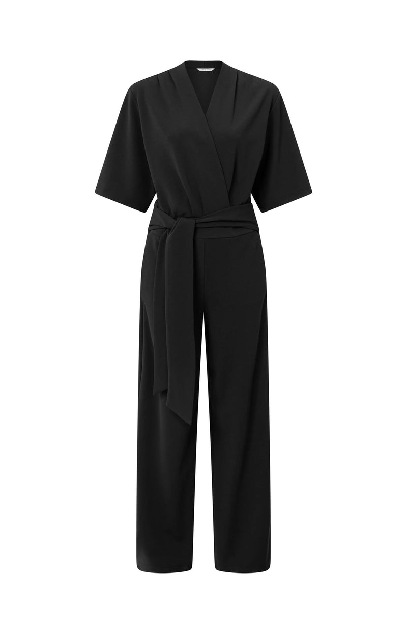 YAYA - Jersey Jumpsuit with Short Sleeves and Tie Belt