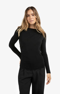 YAYA - Jersey Long Sleeve Top with Pleated Neckline in Black