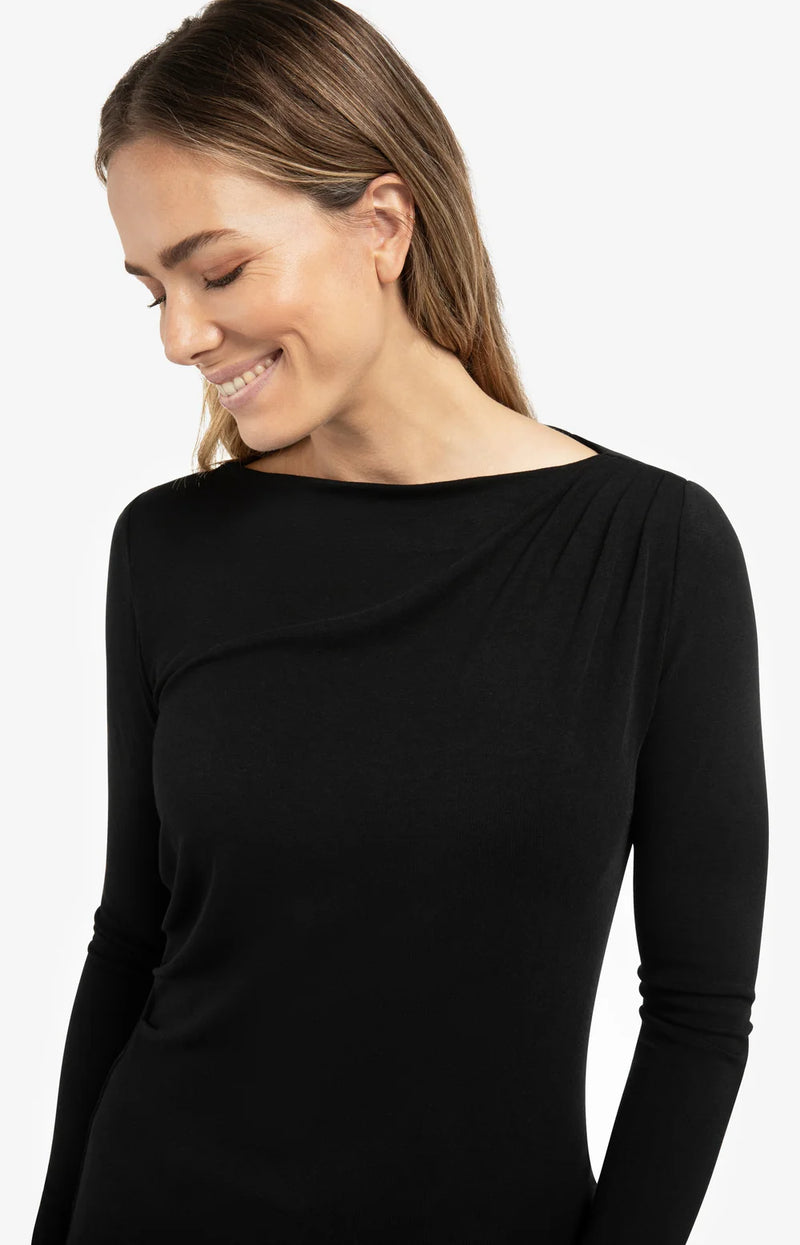 YAYA - Jersey Long Sleeve Top with Pleated Neckline in Black
