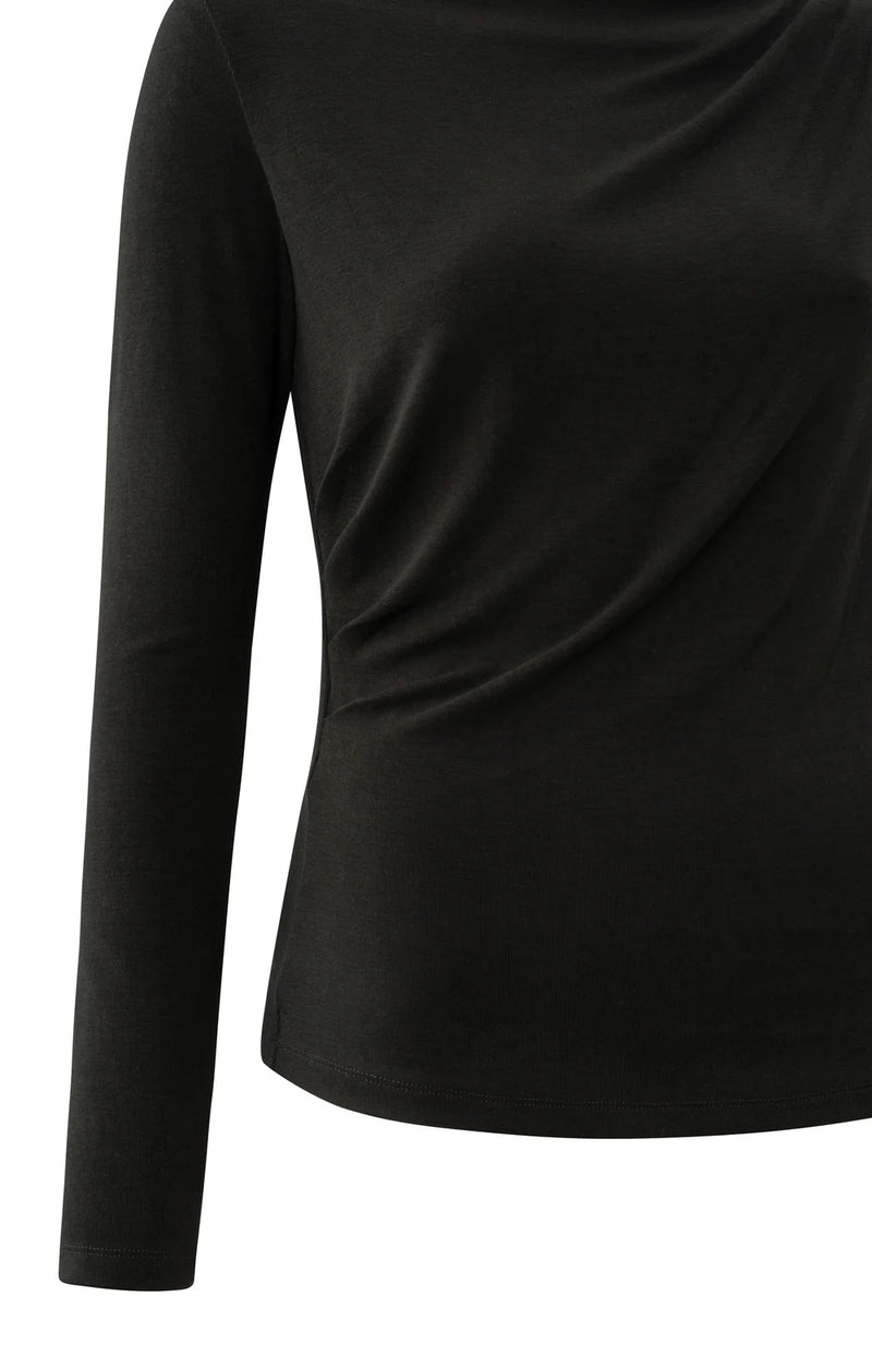 YAYA - Jersey Long Sleeve Top with Pleated Neckline in Black