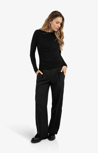 YAYA - Jersey Long Sleeve Top with Pleated Neckline in Black