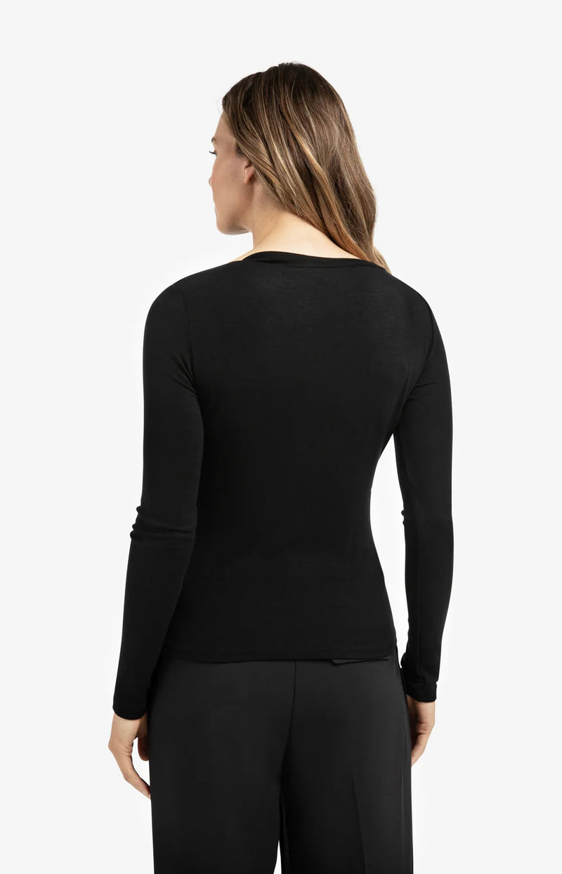 YAYA - Jersey Long Sleeve Top with Pleated Neckline in Black