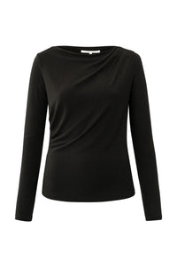 YAYA - Jersey Long Sleeve Top with Pleated Neckline in Black