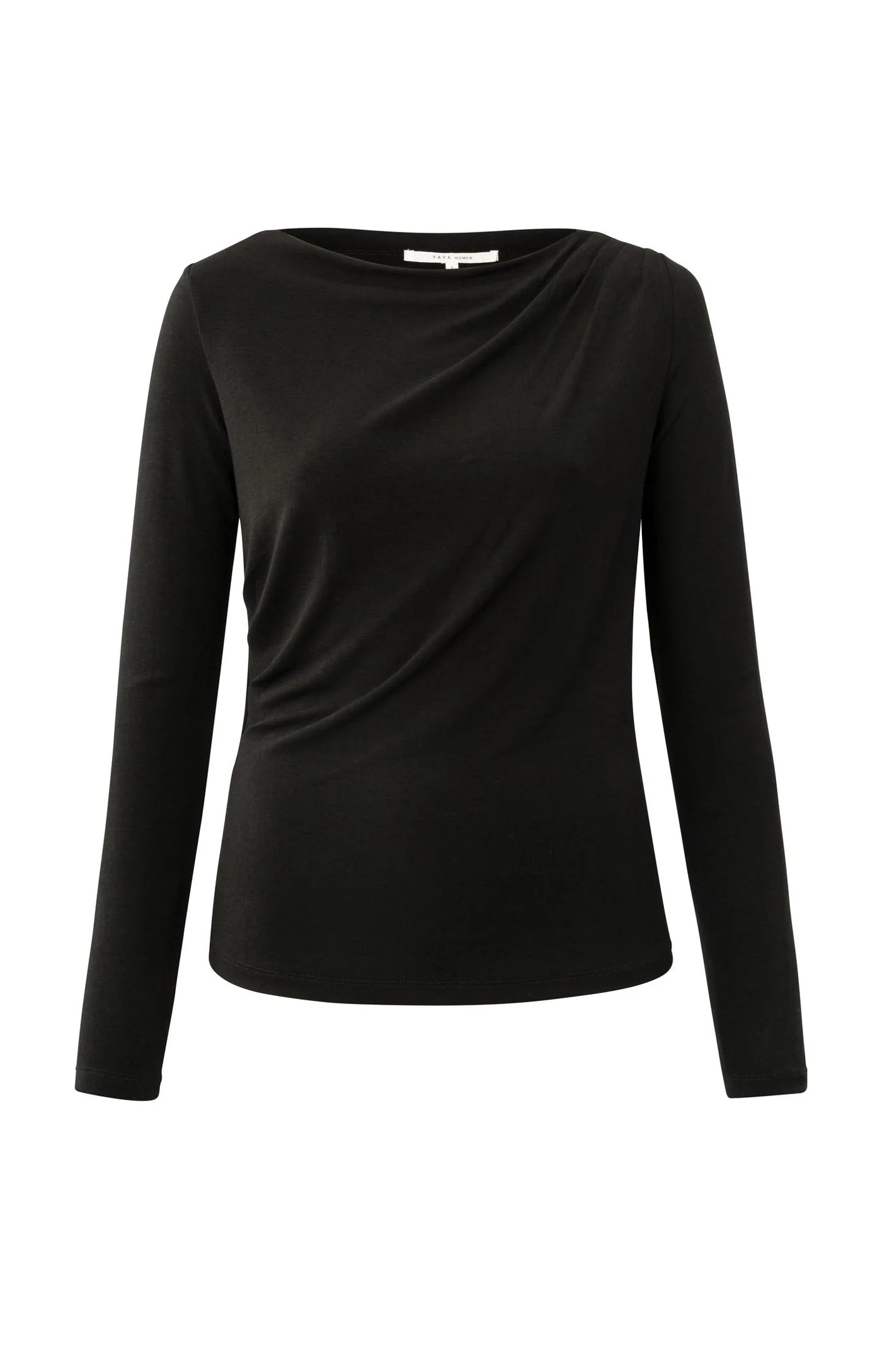 YAYA - Jersey Long Sleeve Top with Pleated Neckline in Black