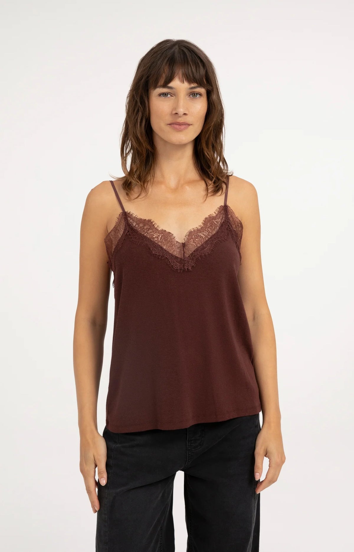 YAYA - Jersey Singlet with Lace Edge