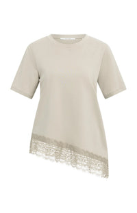YAYA - Jersey T-Shirt with Lace Hem in Pure Cashmere Grey
