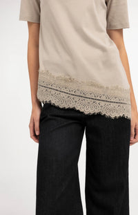 YAYA - Jersey T-Shirt with Lace Hem in Pure Cashmere Grey
