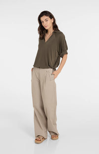 YAYA - Jersey Top with Pleated Sleeves in Army Green