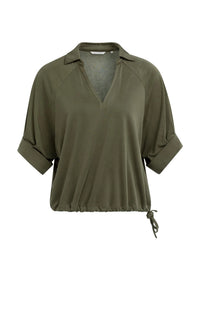 YAYA - Jersey Top with Pleated Sleeves in Army Green