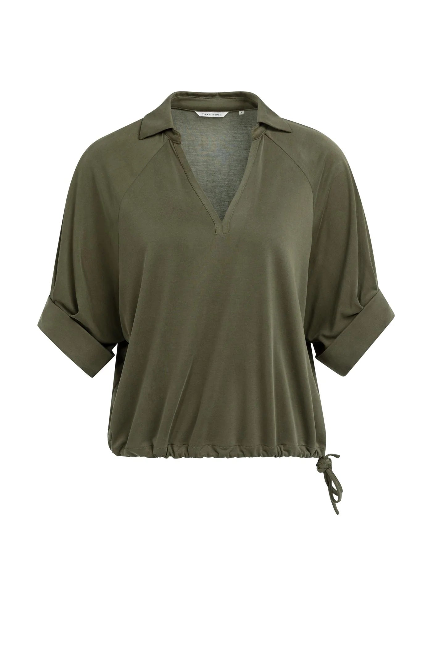 YAYA - Jersey Top with Pleated Sleeves in Army Green