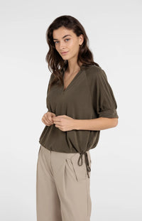 YAYA - Jersey Top with Pleated Sleeves in Army Green