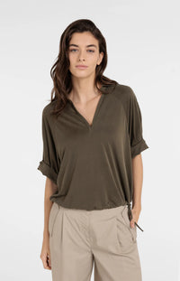 YAYA - Jersey Top with Pleated Sleeves in Army Green