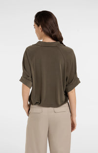 YAYA - Jersey Top with Pleated Sleeves in Army Green
