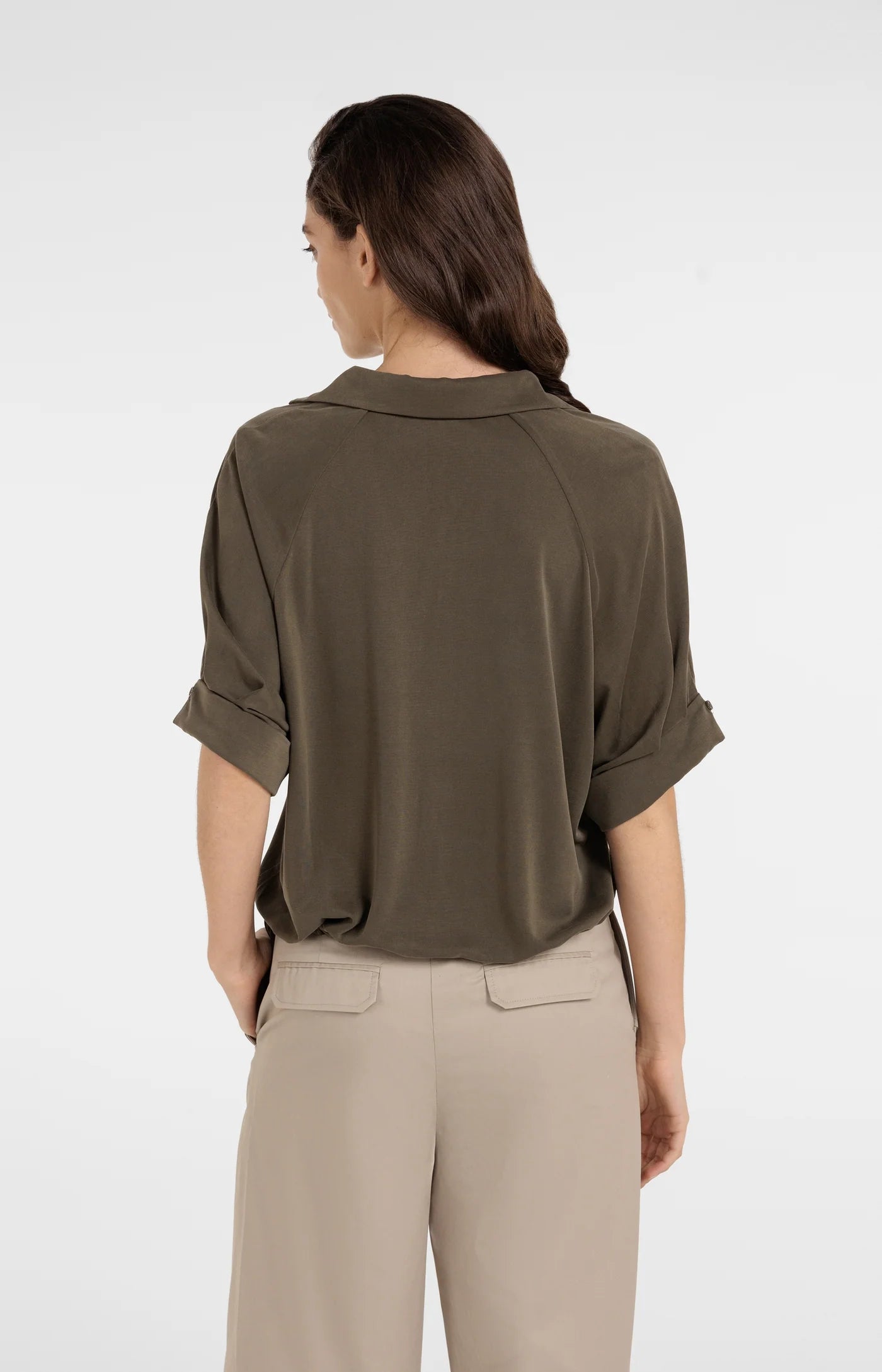 YAYA - Jersey Top with Pleated Sleeves in Army Green