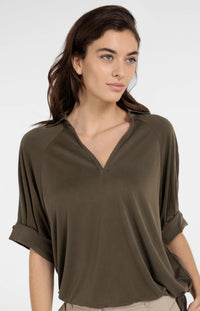 YAYA - Jersey Top with Pleated Sleeves in Army Green