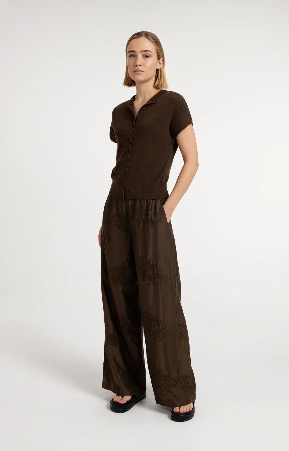 YAYA - Short Sleeve Knit Cardigan with Front Buttons in Slate Black Brown