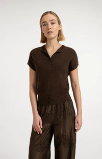 YAYA - Short Sleeve Knit Cardigan with Front Buttons in Slate Black Brown