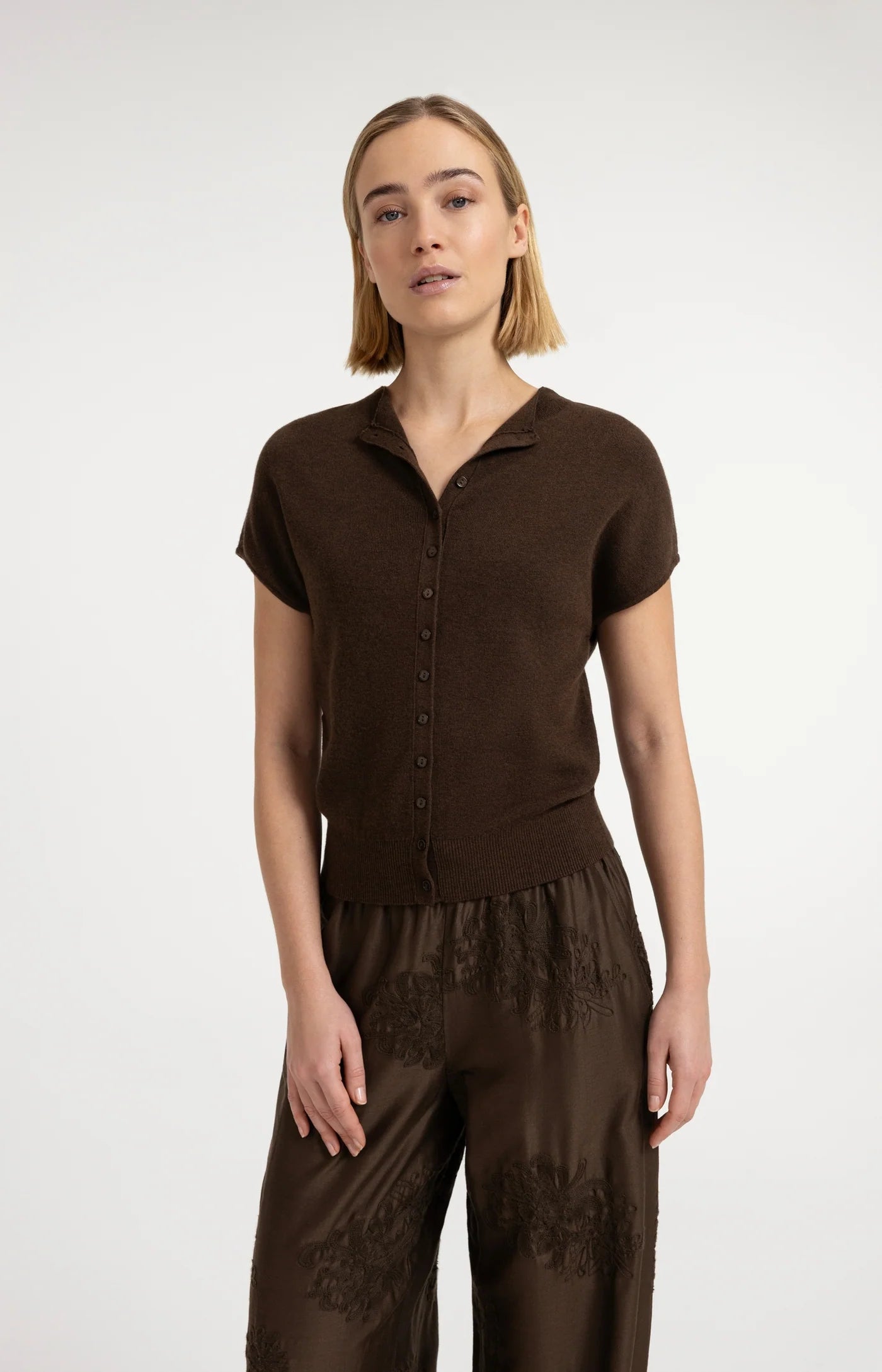 YAYA - Short Sleeve Knit Cardigan with Front Buttons in Slate Black Brown