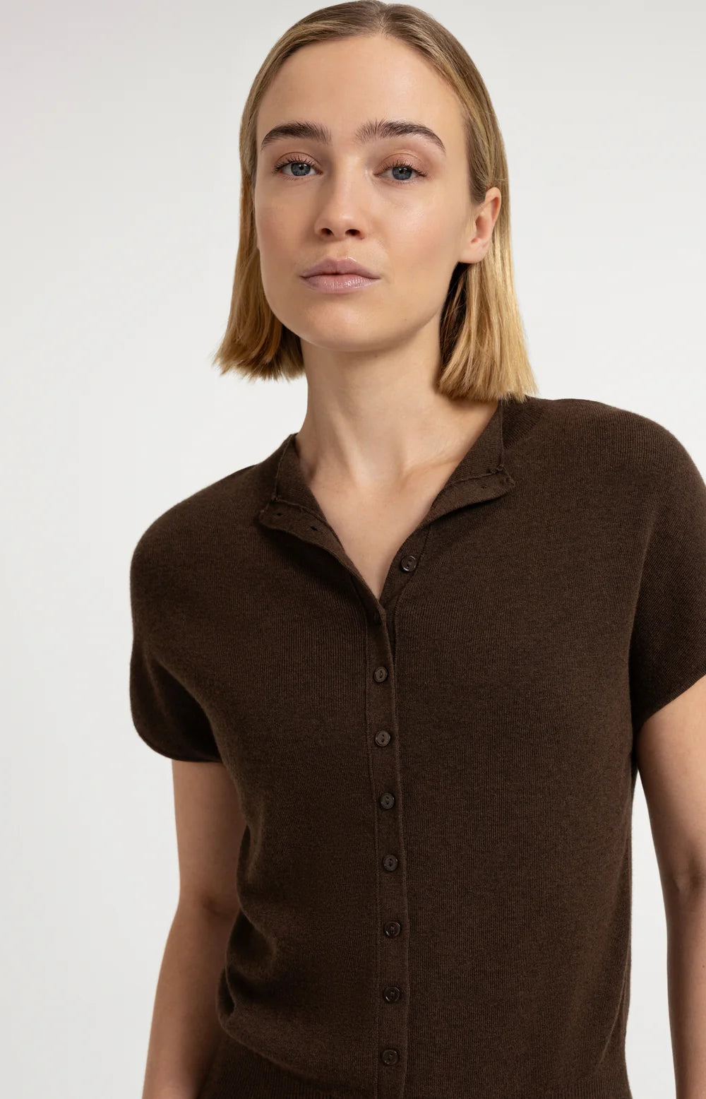 YAYA - Short Sleeve Knit Cardigan with Front Buttons in Slate Black Brown