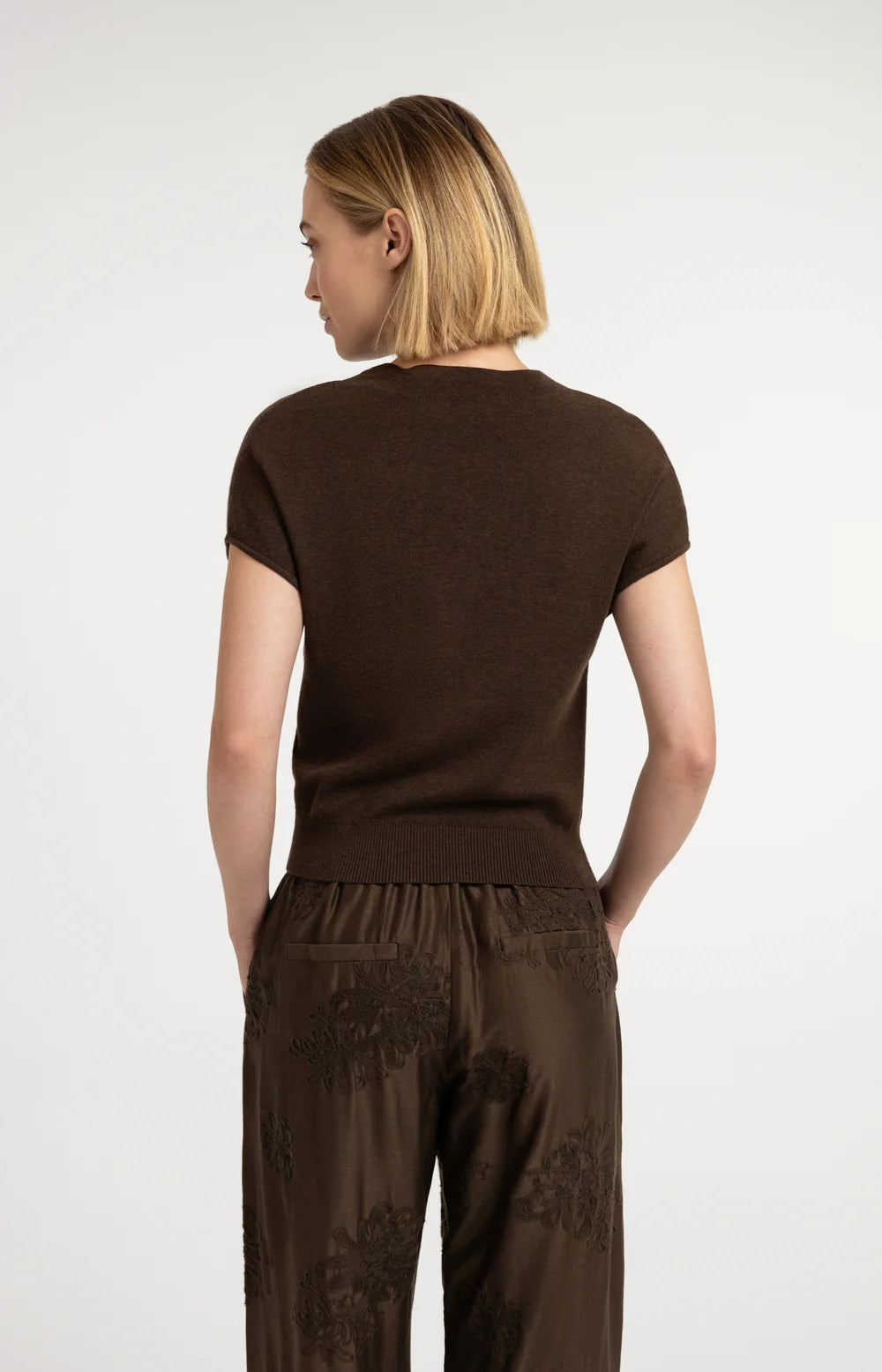 YAYA - Short Sleeve Knit Cardigan with Front Buttons in Slate Black Brown