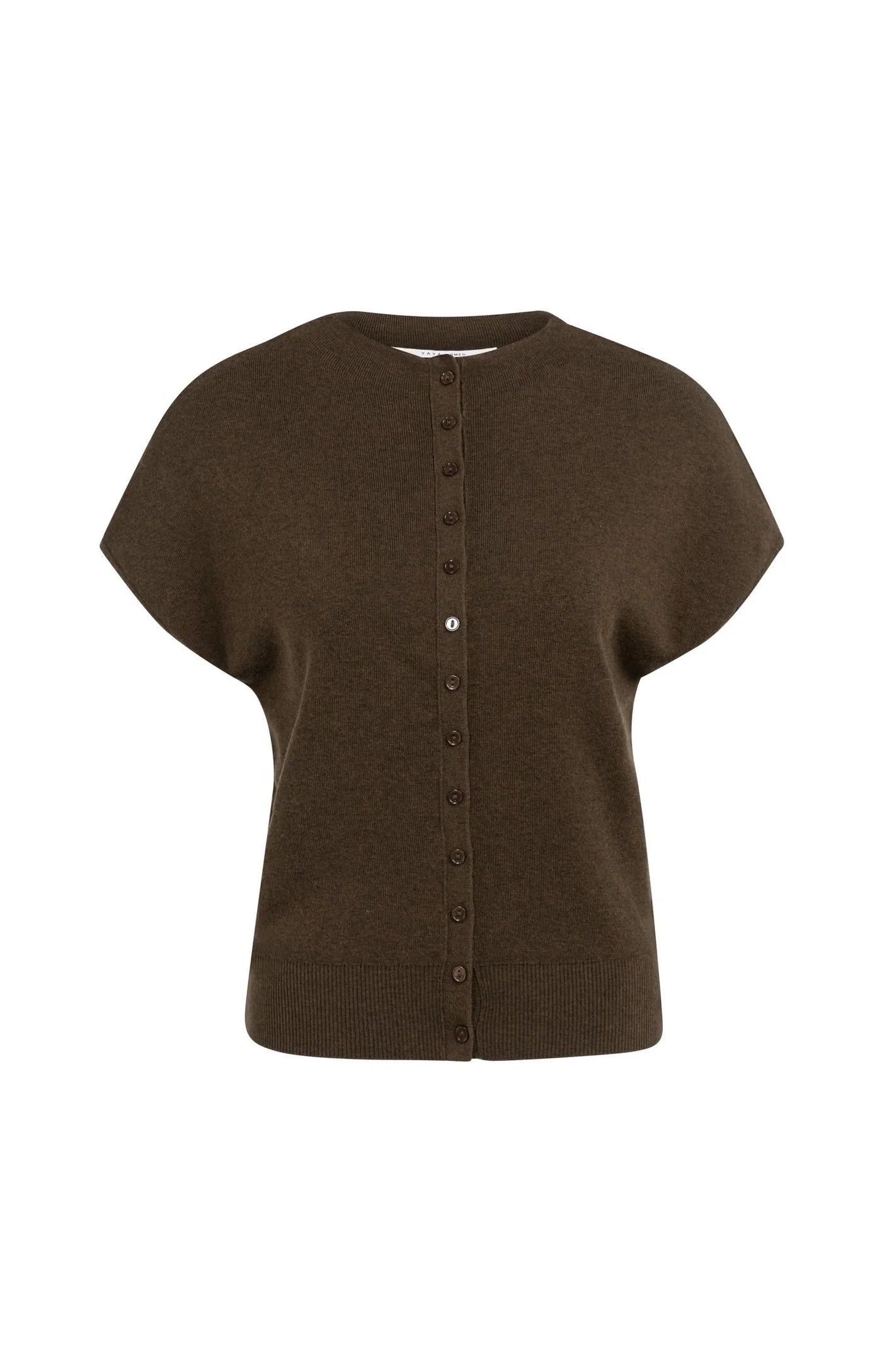 YAYA - Short Sleeve Knit Cardigan with Front Buttons in Slate Black Brown