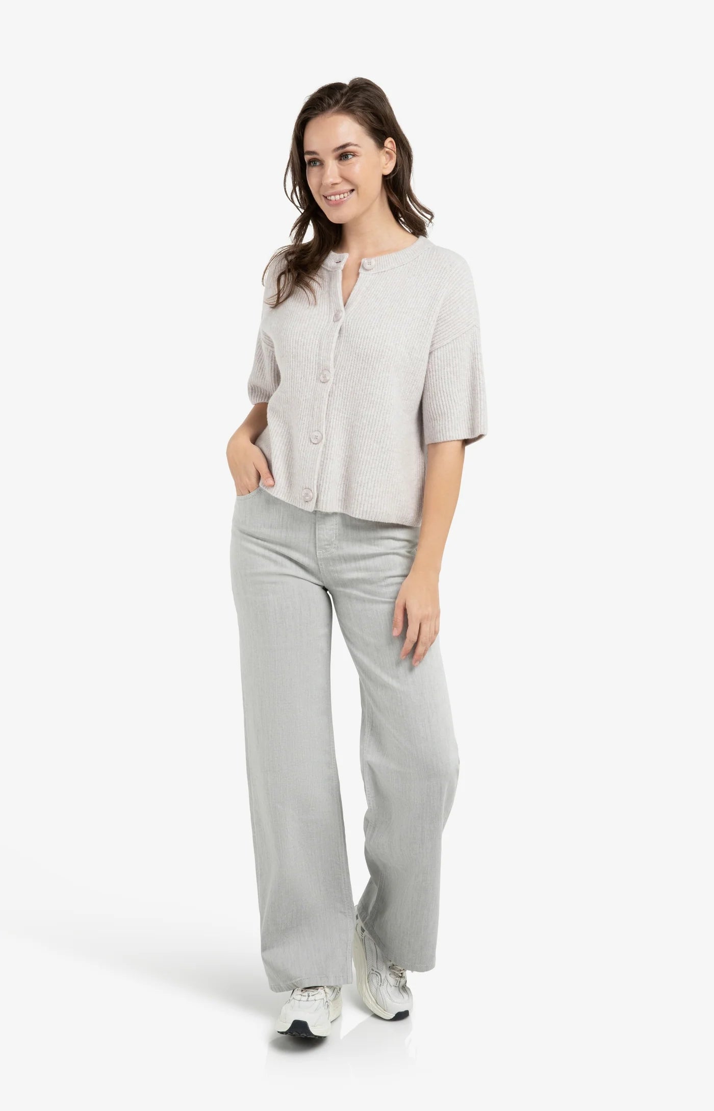 YAYA - Cardigan with Wide Short Sleeve in Temple Grey Melange