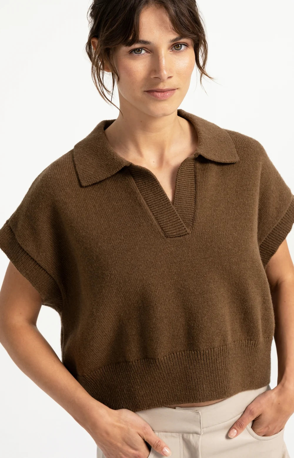YAYA - Knitted Spencer with collar - Teak Brown