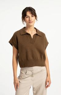 YAYA - Knitted Spencer with collar - Teak Brown
