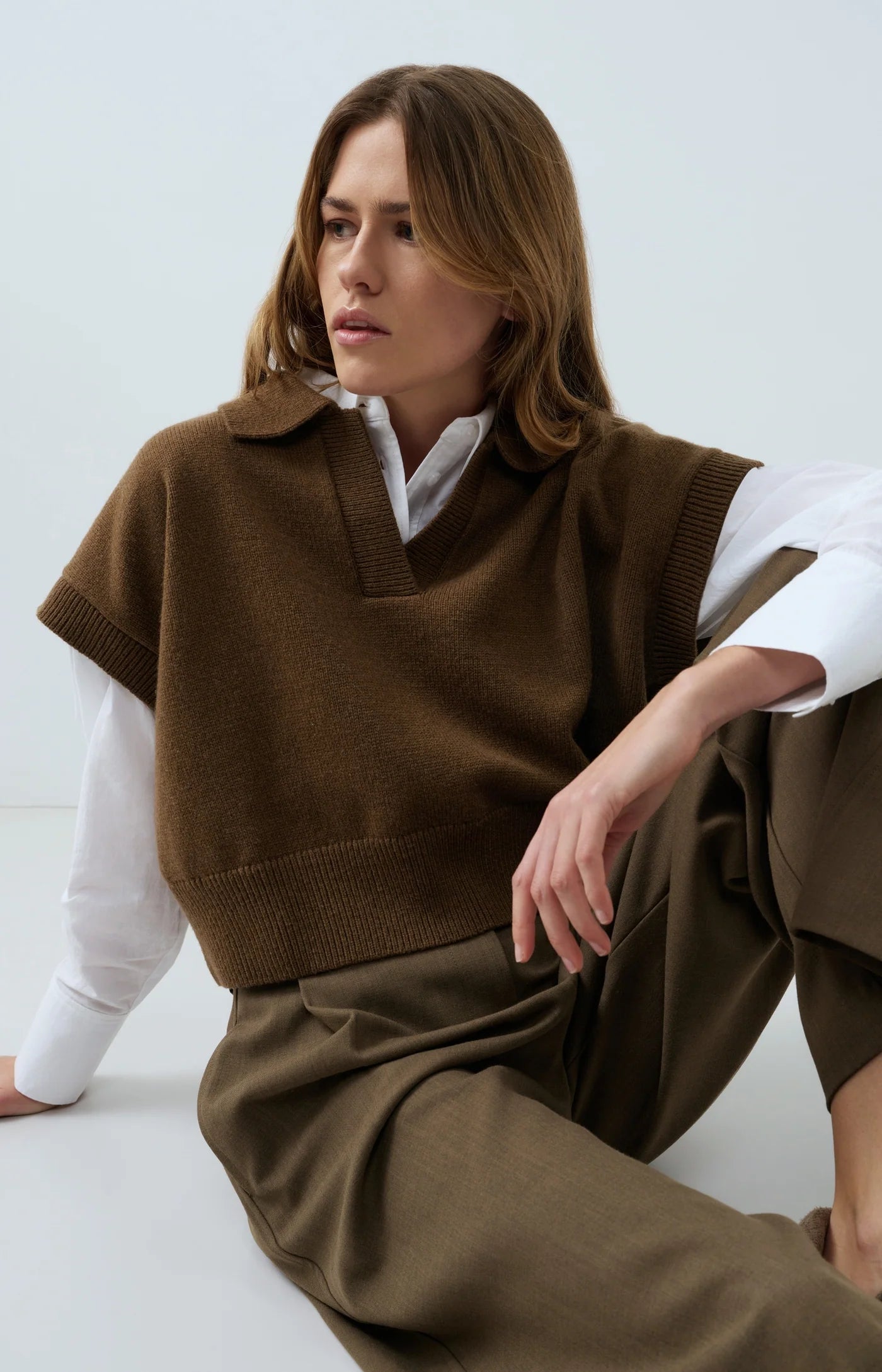 YAYA - Knitted Spencer with collar - Teak Brown