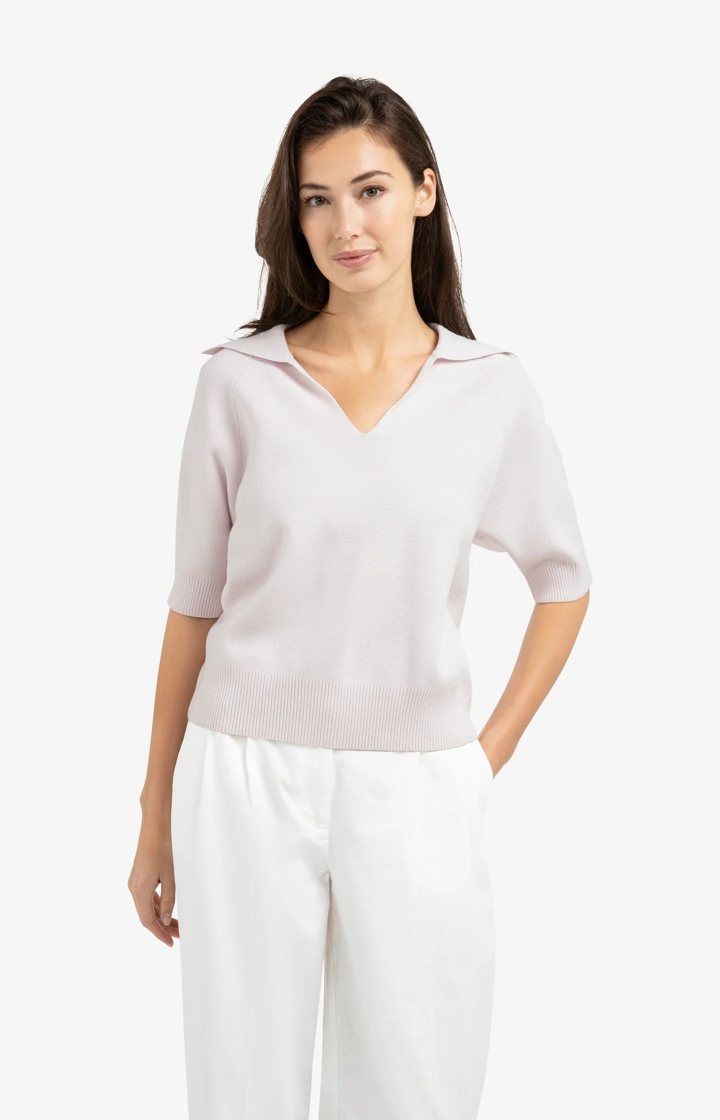 YAYA - Short Sleeve Sweater with Collar in Grey Lilac