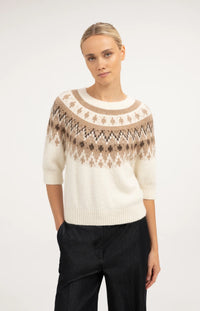 YAYA - Sweater with Nordic Jacquard Print in Dark Beige Melange