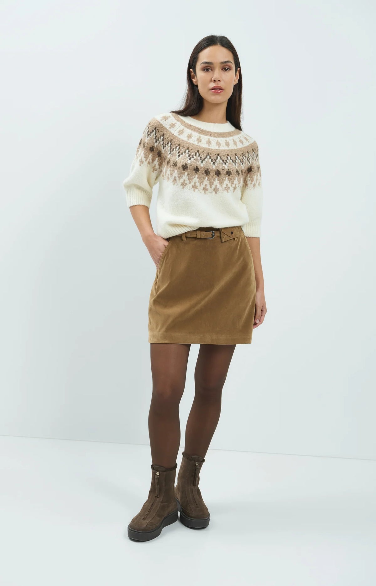 YAYA - Sweater with Nordic Jacquard Print in Dark Beige Melange