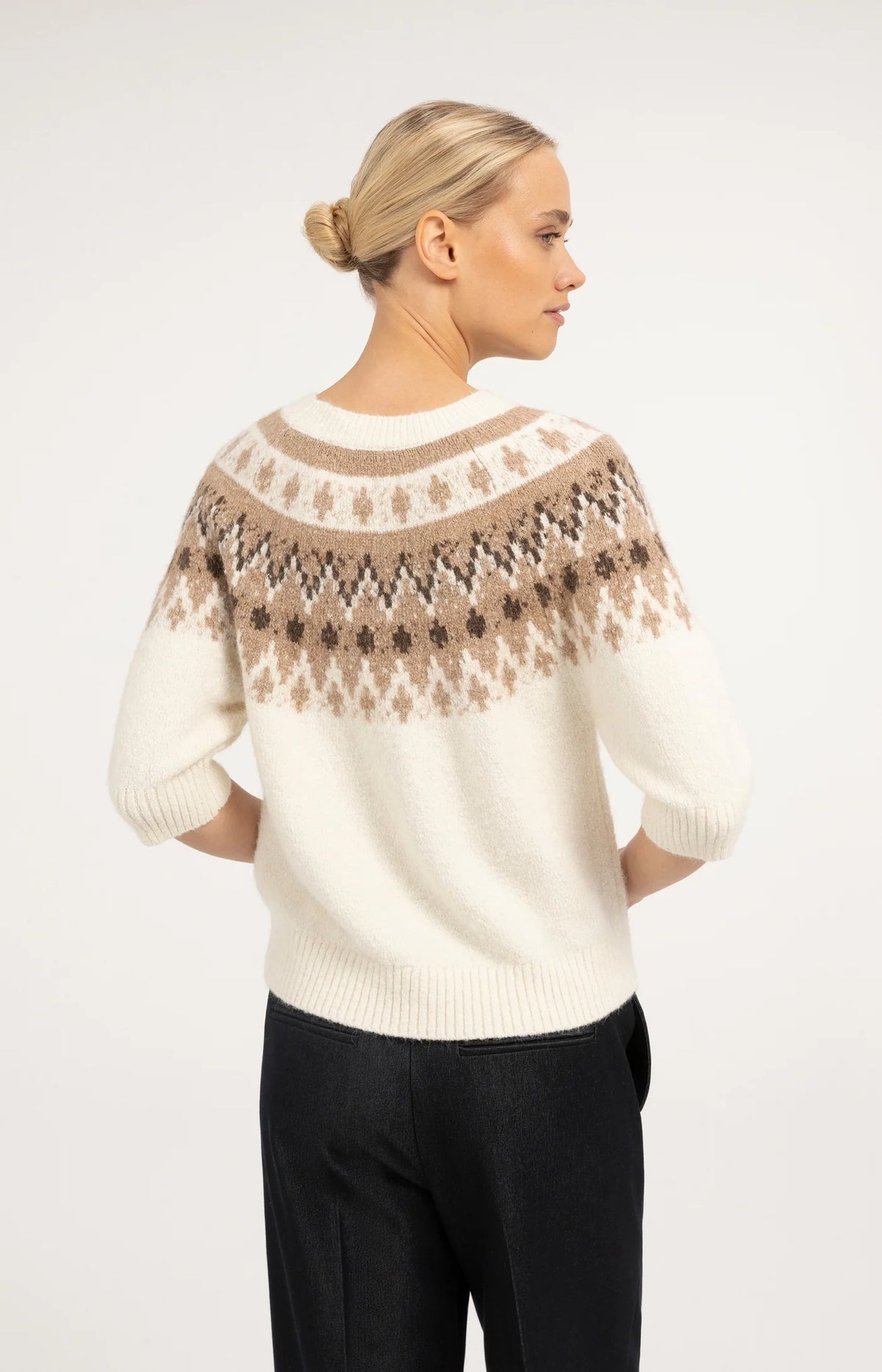 YAYA - Sweater with Nordic Jacquard Print in Dark Beige Melange