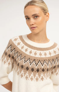 YAYA - Sweater with Nordic Jacquard Print in Dark Beige Melange