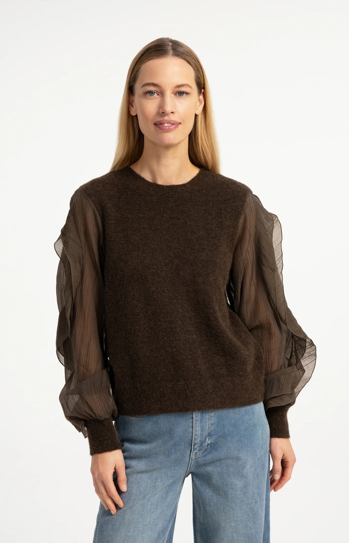 YAYA - Sweater with Ruffle Sleeves in Slate Black Brown