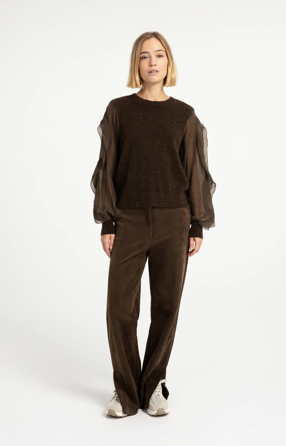 YAYA - Sweater with Ruffle Sleeves in Slate Black Brown
