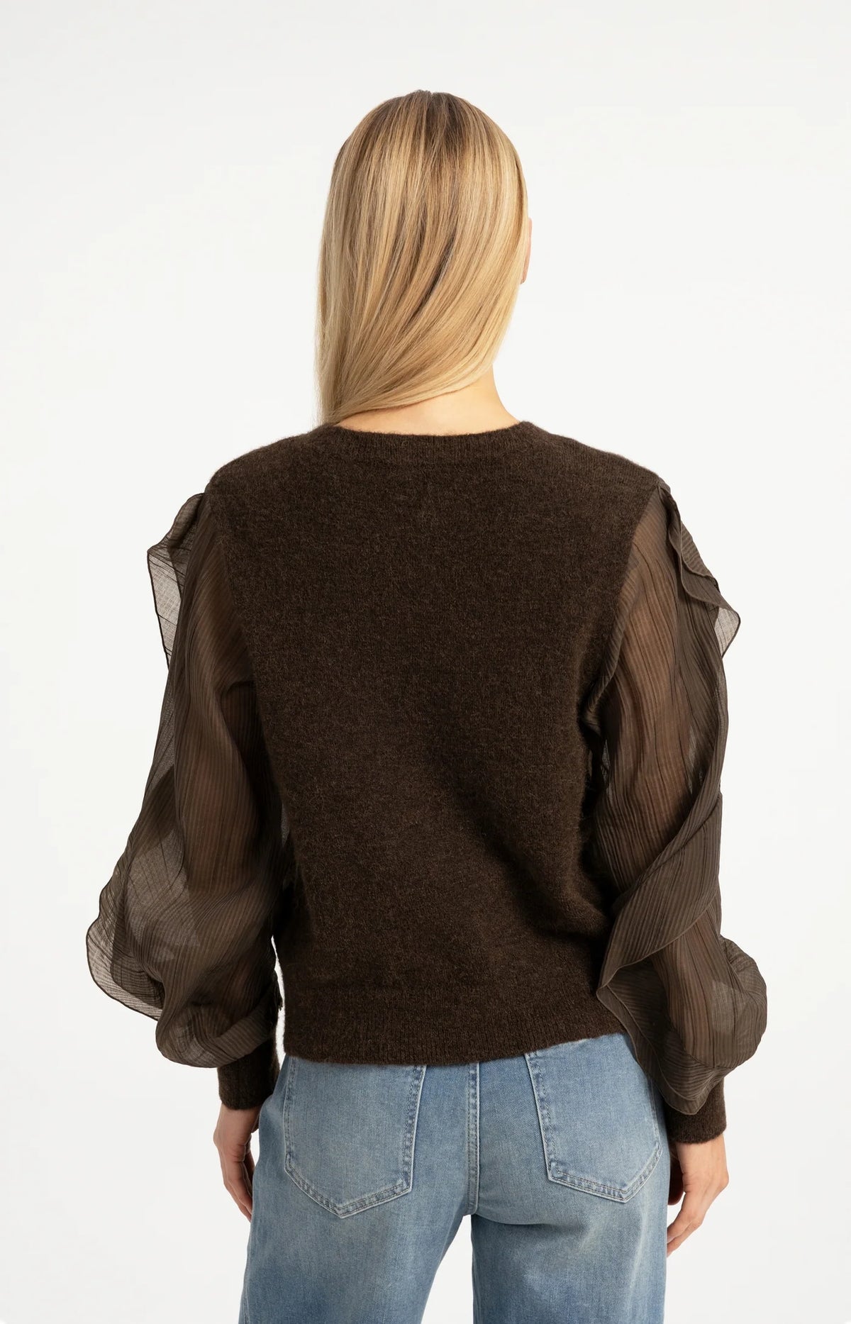 YAYA - Sweater with Ruffle Sleeves in Slate Black Brown