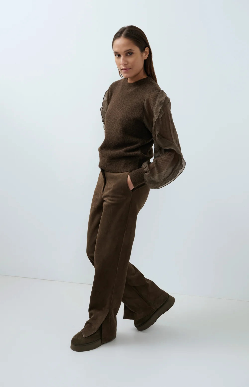 YAYA - Sweater with Ruffle Sleeves in Slate Black Brown