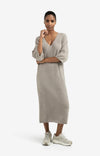 YAYA - Knitted V-neck Dress with Short Sleeves in Brownish Grey