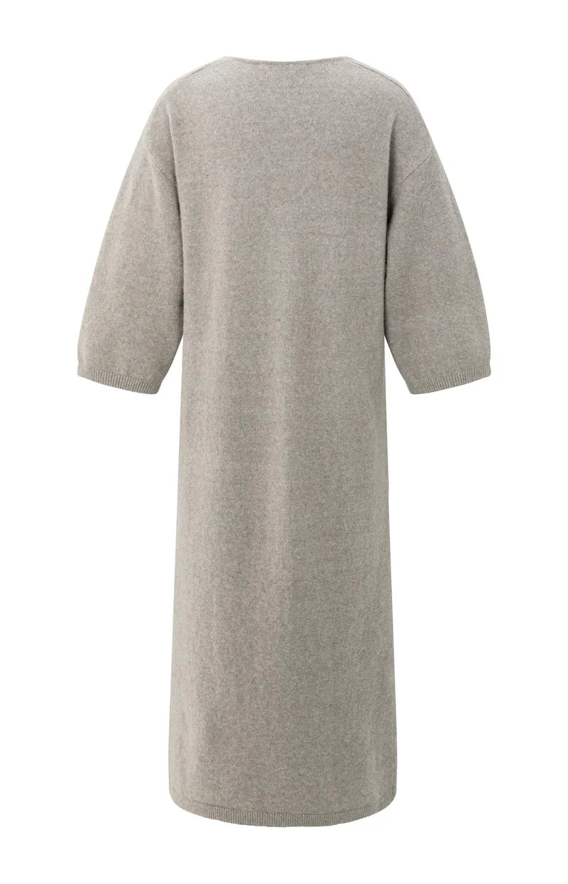 YAYA - Knitted V-neck Dress with Short Sleeves in Brownish Grey