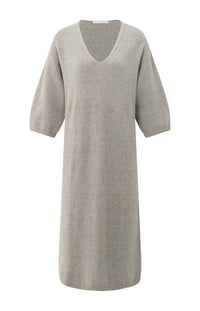 YAYA - Knitted V-neck Dress with Short Sleeves in Brownish Grey
