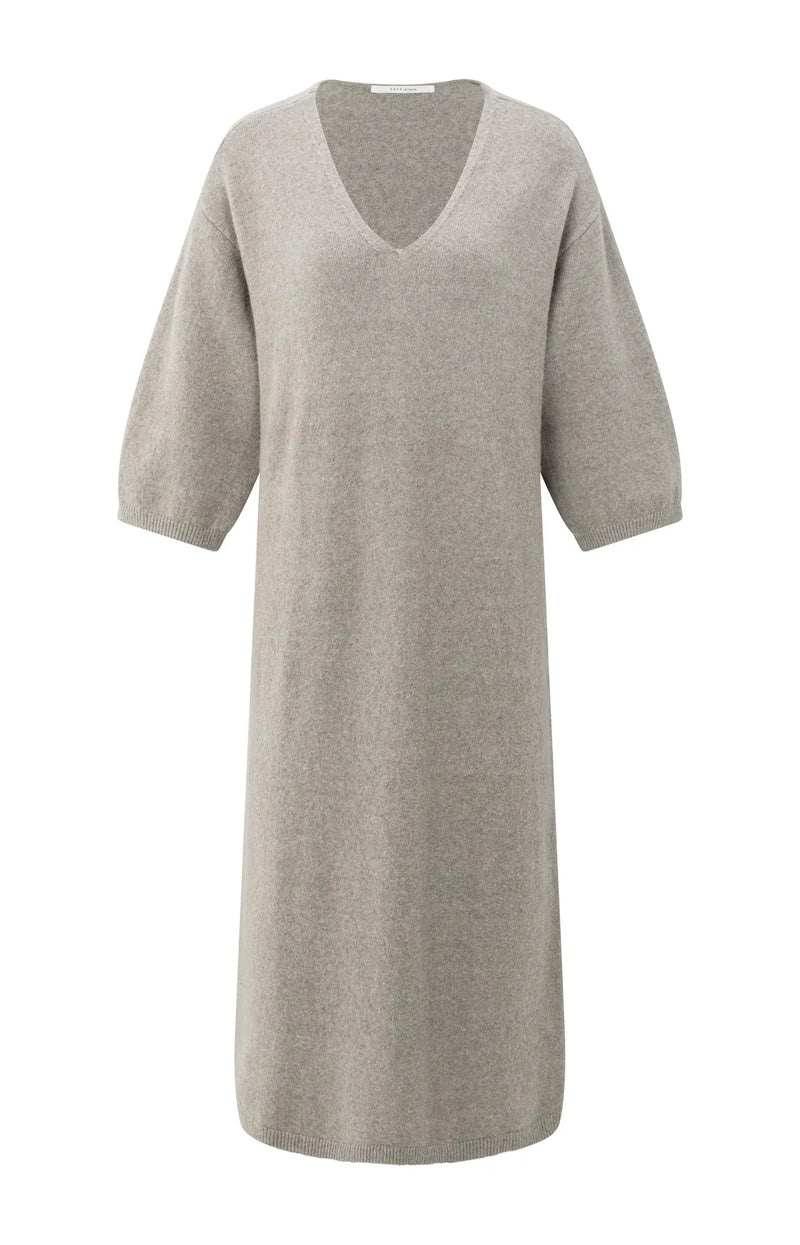 YAYA - Knitted V-neck Dress with Short Sleeves in Brownish Grey
