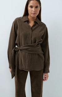 YAYA - Knotted Long Sleeve Blouse in Slate Black Brown