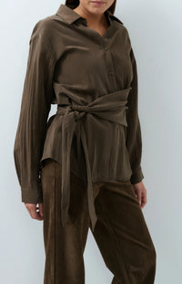 YAYA - Knotted Long Sleeve Blouse in Slate Black Brown