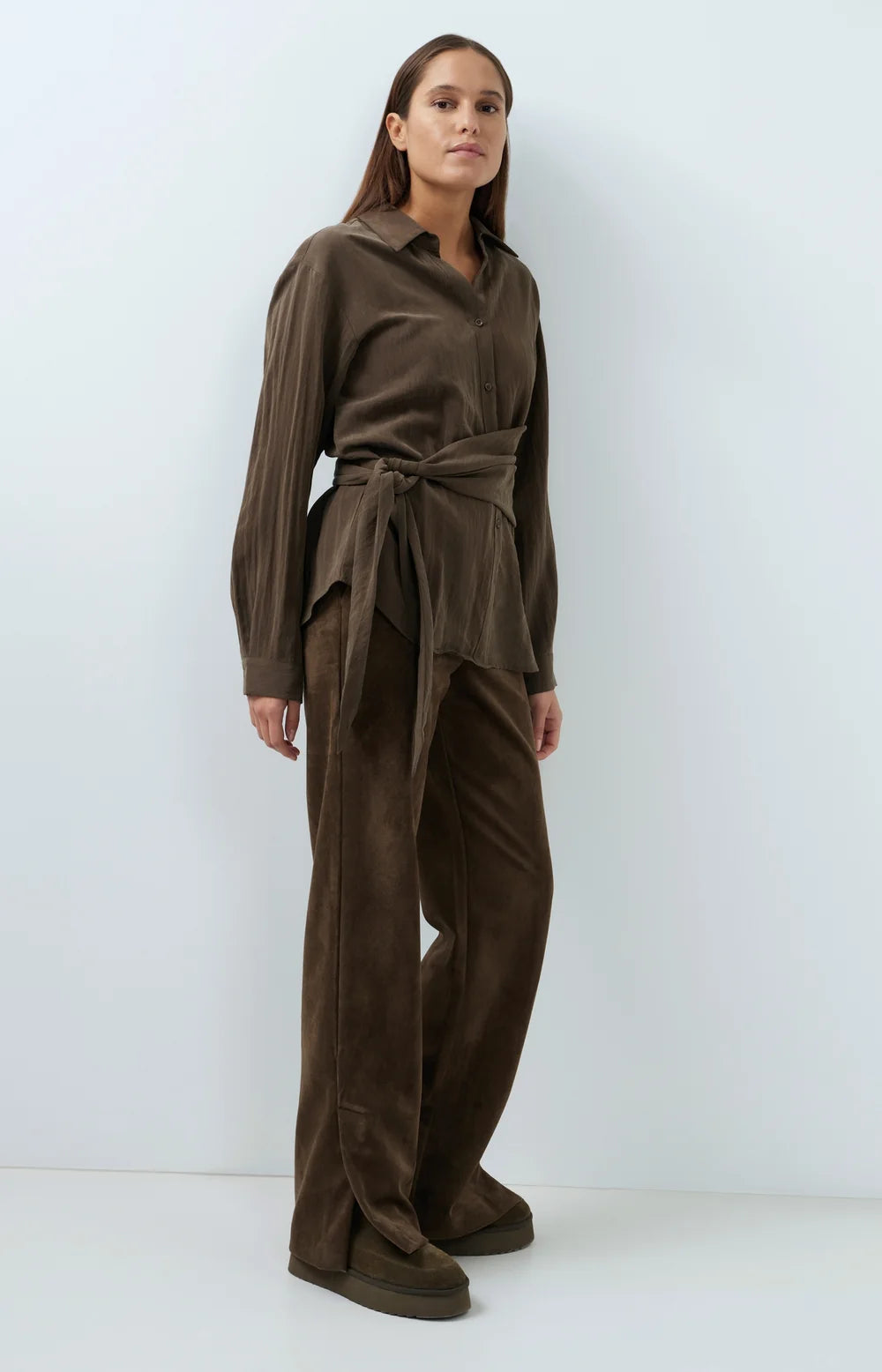 YAYA - Knotted Long Sleeve Blouse in Slate Black Brown