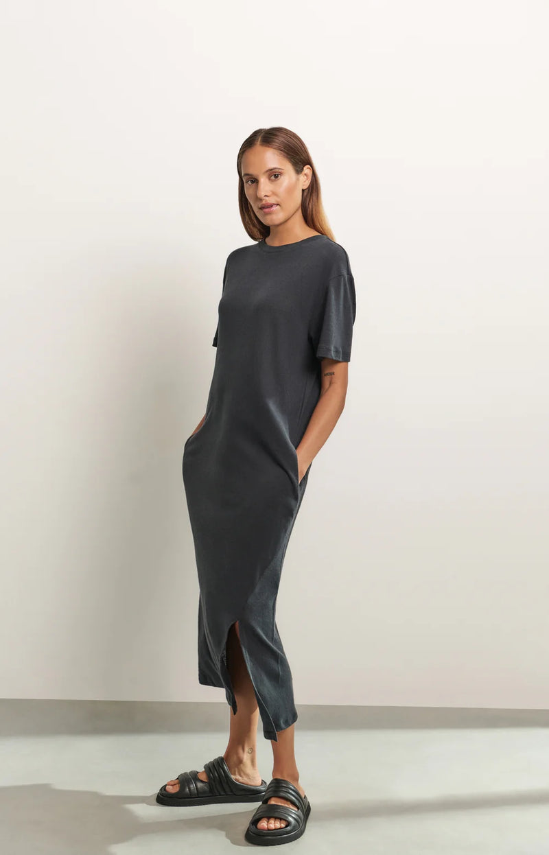 YAYA - Linen Blend T-Shirt Dress in Washed Black