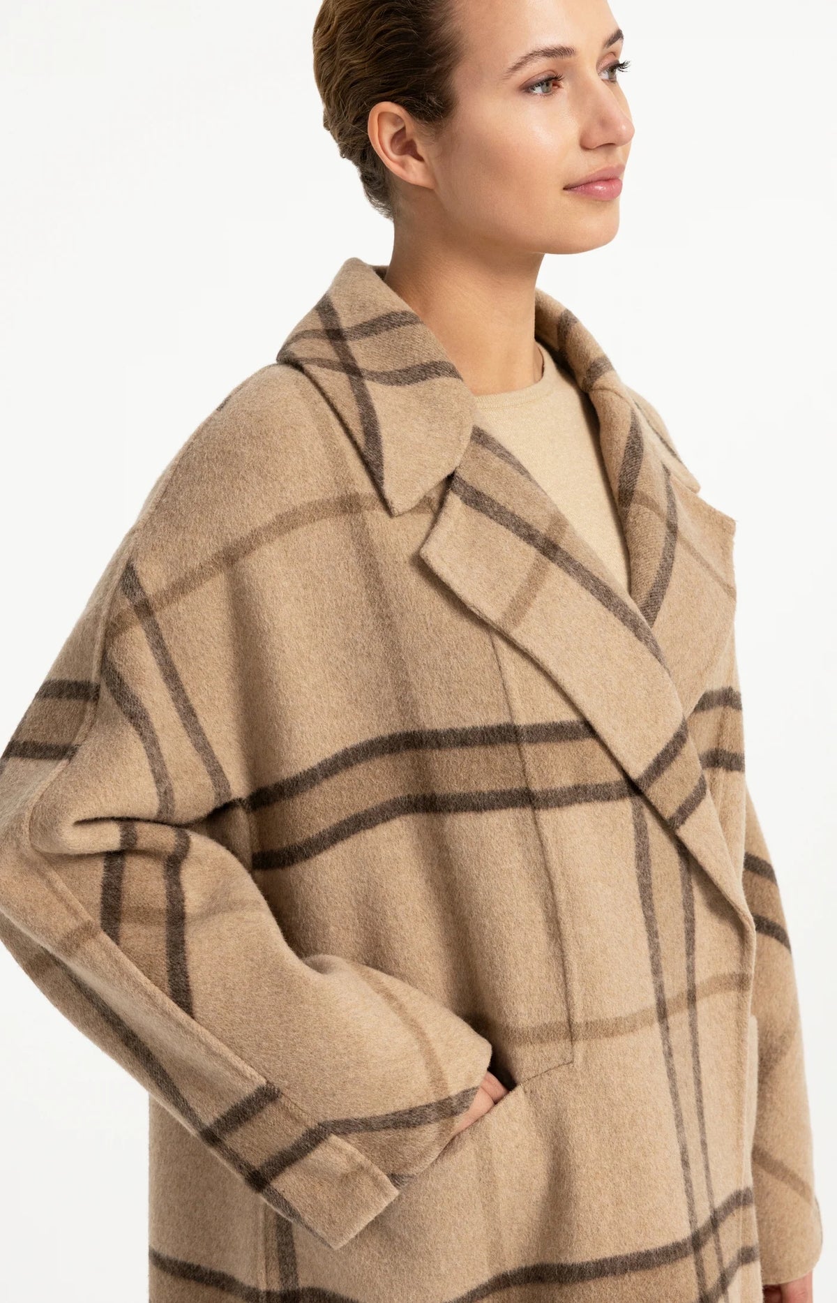 YAYA - Wool Blend Checked Coat in Cornstalk Brown Dessin