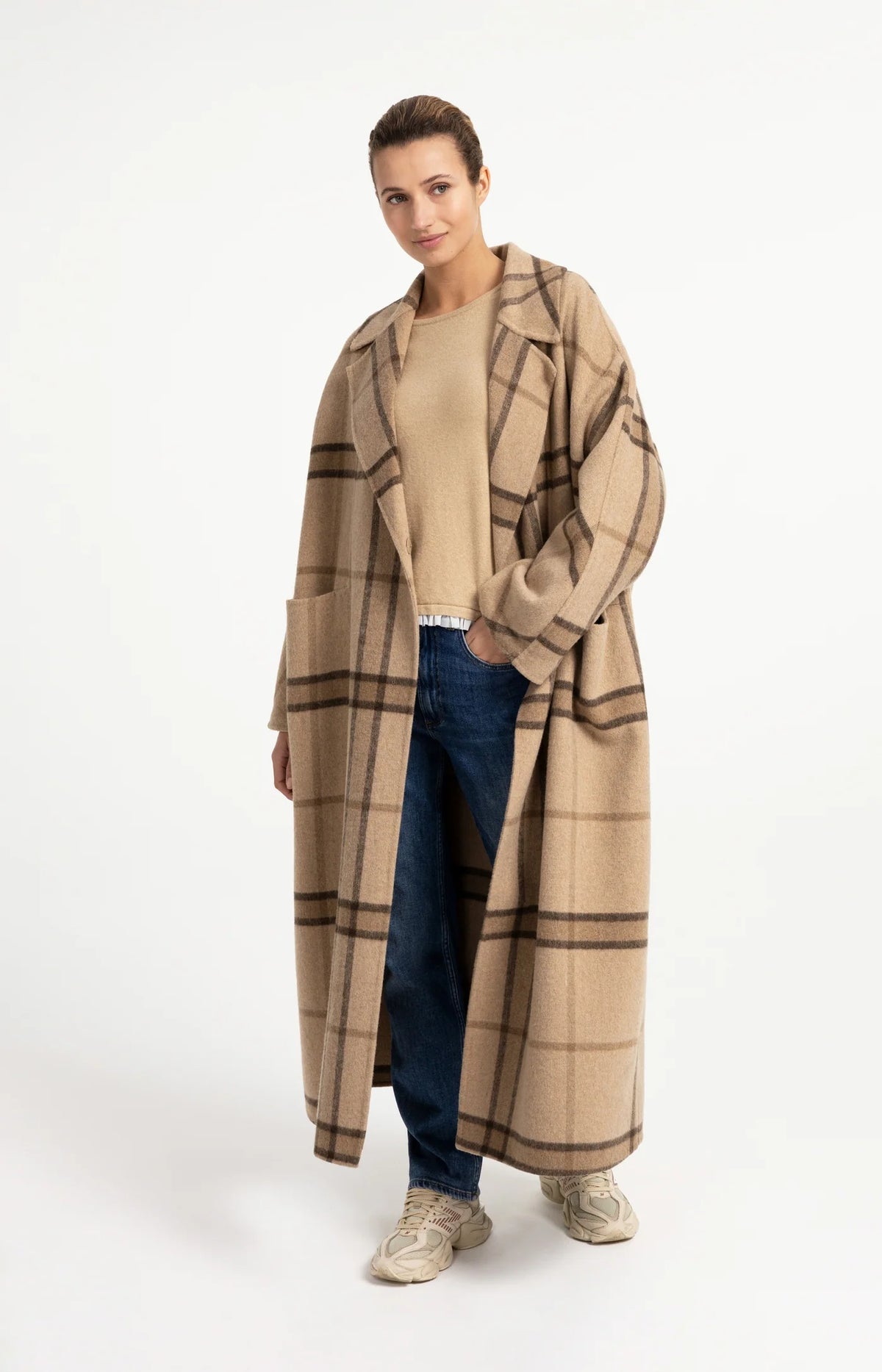 YAYA - Wool Blend Checked Coat in Cornstalk Brown Dessin